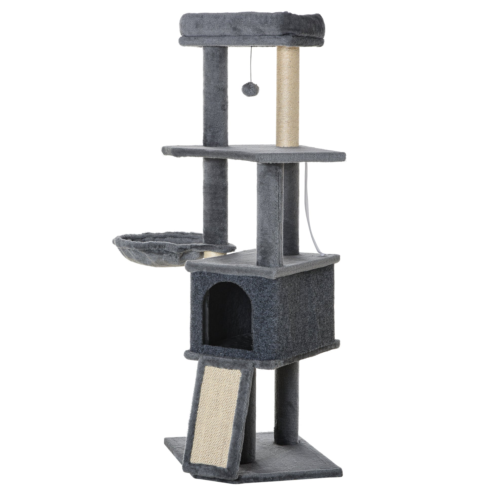 50 Inch Cat Tree, Multi-Level Cat Tower with Sisal Scratching Posts and Ramp, Bed, Condo, Hammock, Toy Ball, Grey