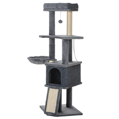 50 Inch Cat Tree, Multi-Level Cat Tower with Sisal Scratching Posts and Ramp, Bed, Condo, Hammock, Toy Ball, Grey
