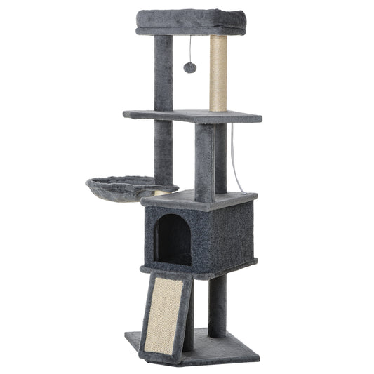 50 Inch Cat Tree, Multi-Level Cat Tower with Sisal Scratching Posts and Ramp, Bed, Condo, Hammock, Toy Ball, Grey