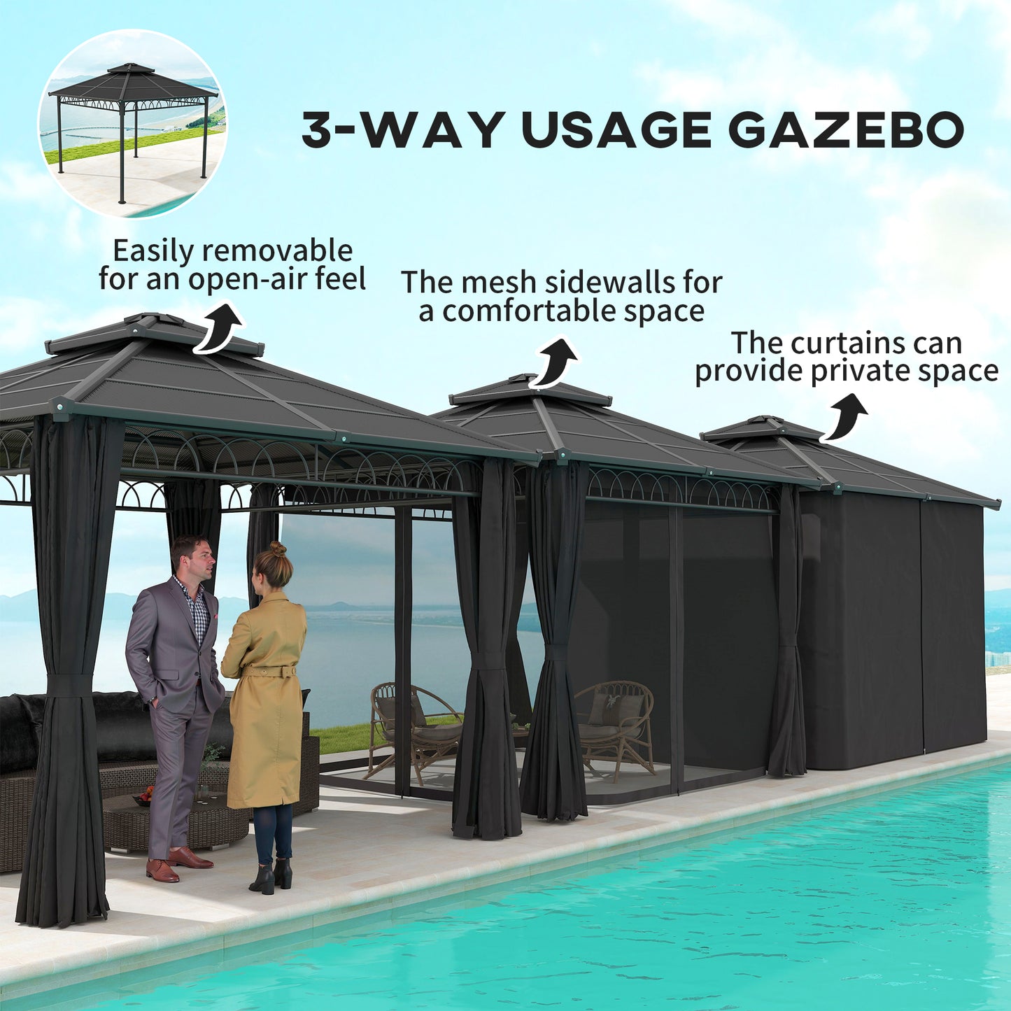 10' x 10' Outdoor Hardtop Gazebo Canopy with Double PC Roof, Steel Frame, Nettings, Curtains for Garden Lawn Deck, Black