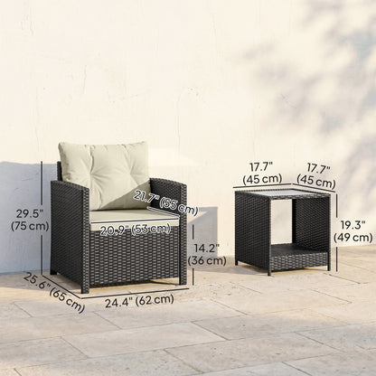 Outdoor Bistro Set, 3 Piece Wicker Patio Furniture Set with 2-Tier Glass Top Table, Cushions for Porch, Balcony, Beige