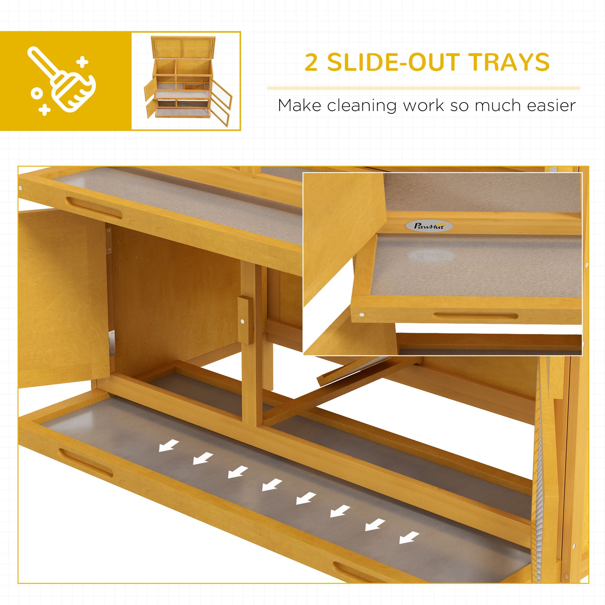 Wood Rabbit Hutch with 2 Large Main House, Ramp, Trays, Yellow