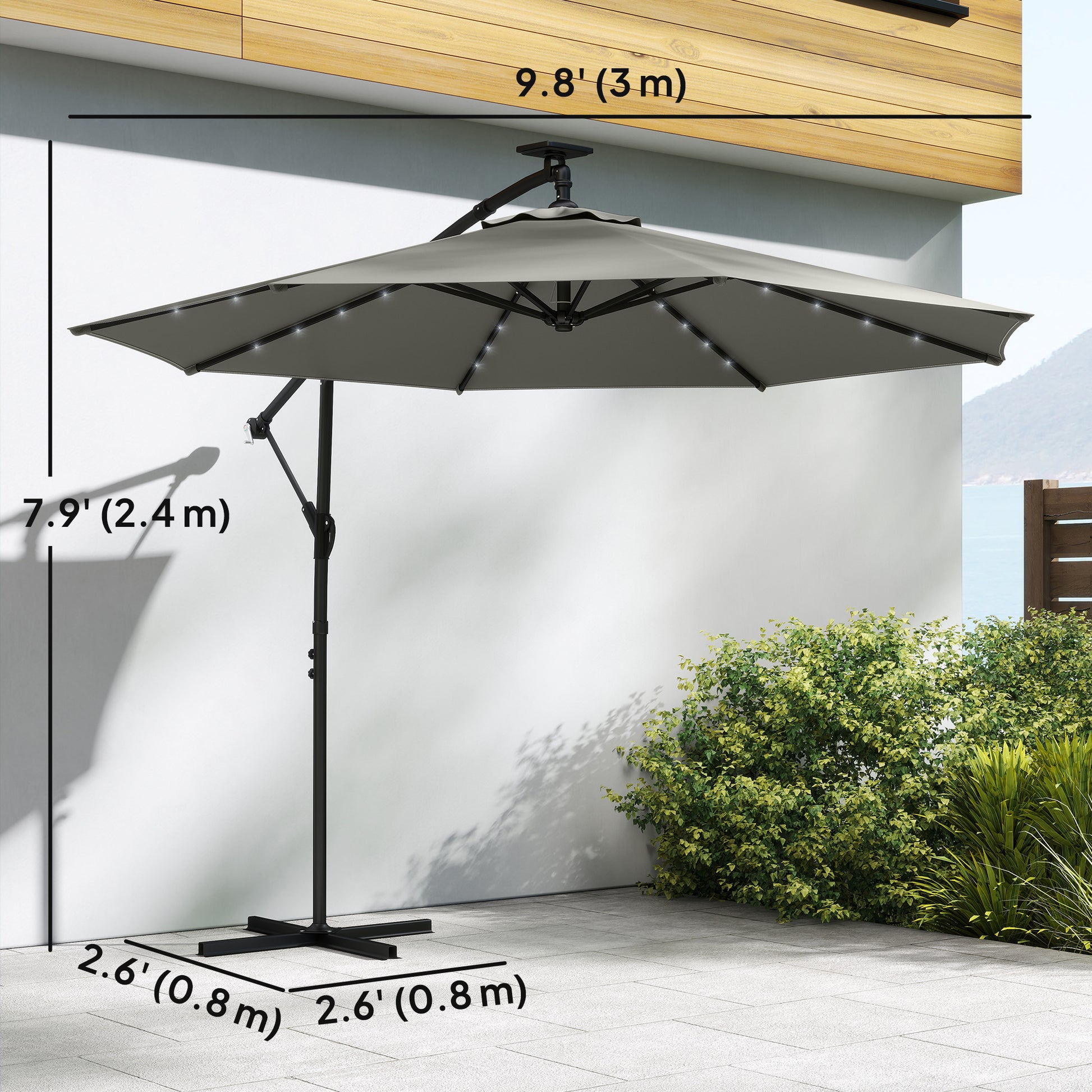 9.7 ft Cantilever Patio Umbrella with Solar Light, Garden Hanging Parasol with Cover, Tilt, Crank, Grey