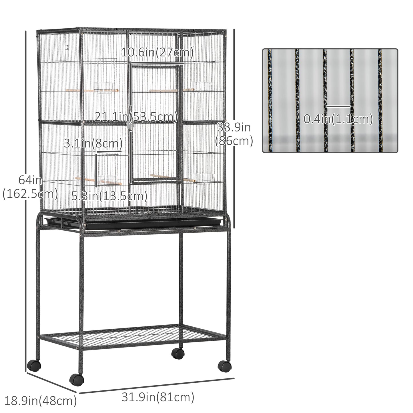 30'' Large Rolling Metal Bird Cage Bird House with Detachable Rolling Stand, Storage Shelf, Wood Perch Food Container - Black