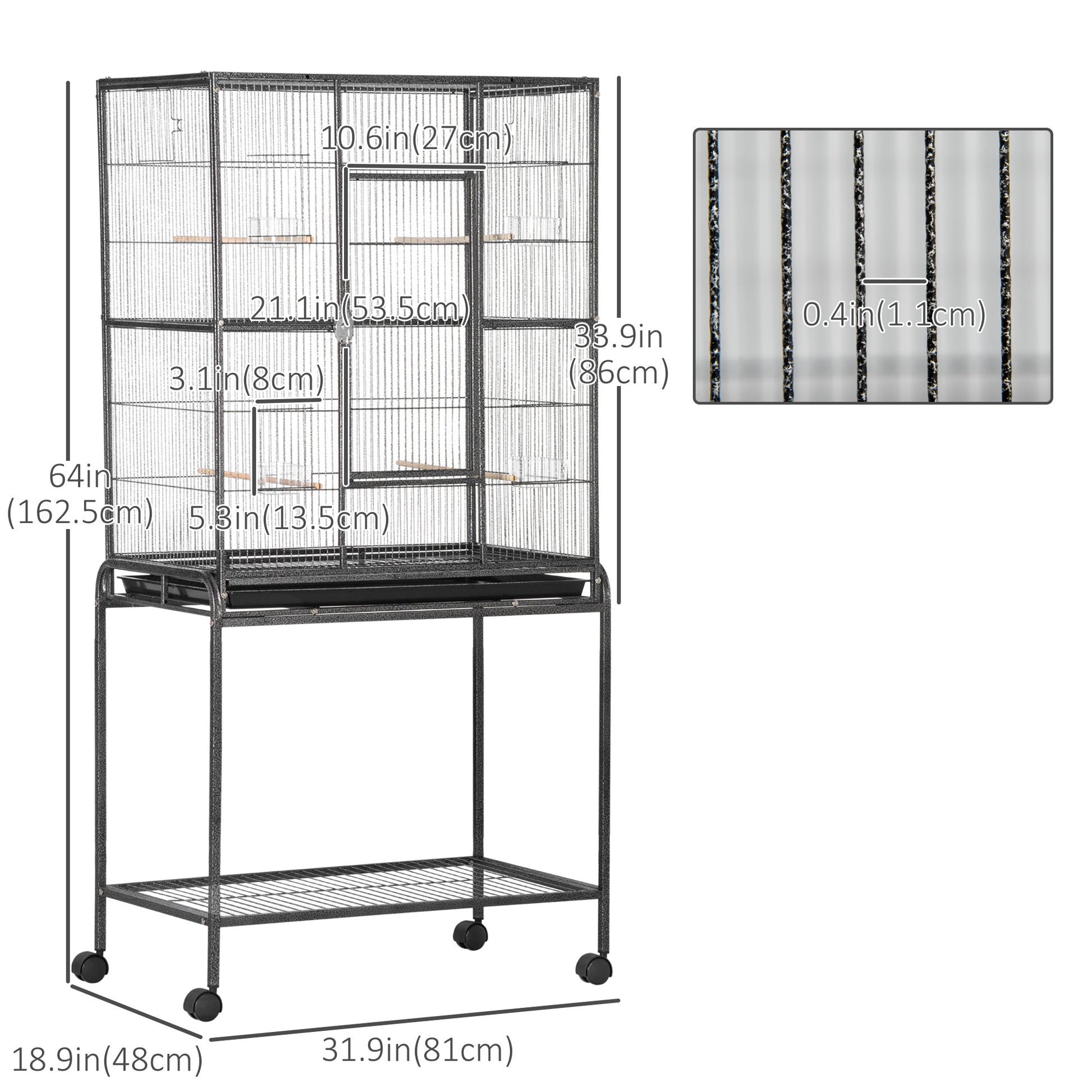 30'' Large Rolling Metal Bird Cage Bird House with Detachable Rolling Stand, Storage Shelf, Wood Perch Food Container - Black