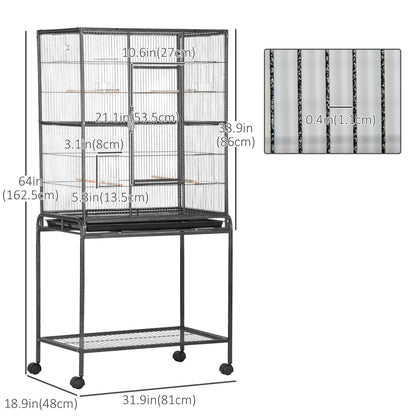 30'' Large Rolling Metal Bird Cage Bird House with Detachable Rolling Stand, Storage Shelf, Wood Perch Food Container - Black