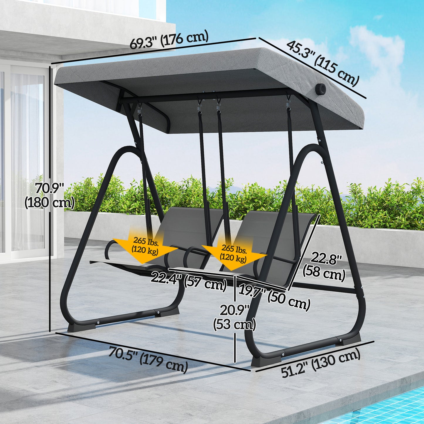 Patio Swing Chair w/Adjustable Canopy Outdoor Porch Swing Glider w/Dual Independent Seats 2-Seat Grey
