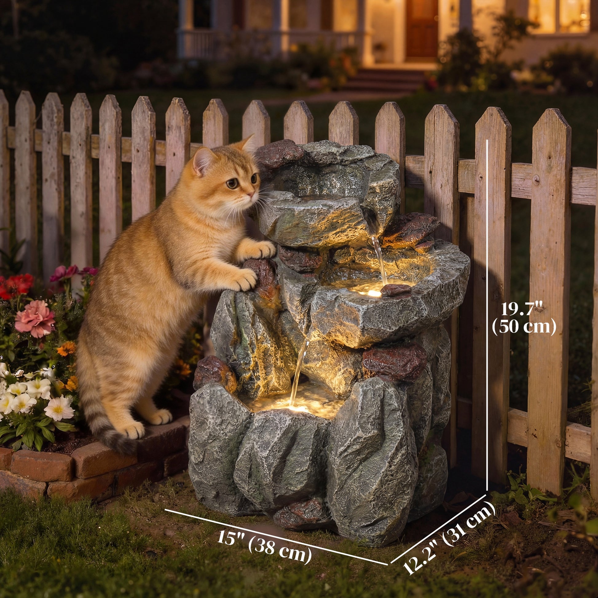 Outdoor Fountain with LED Lights Adjustable Flow Cascading Waterfall 3-Tier Rustic Rock Look Grey