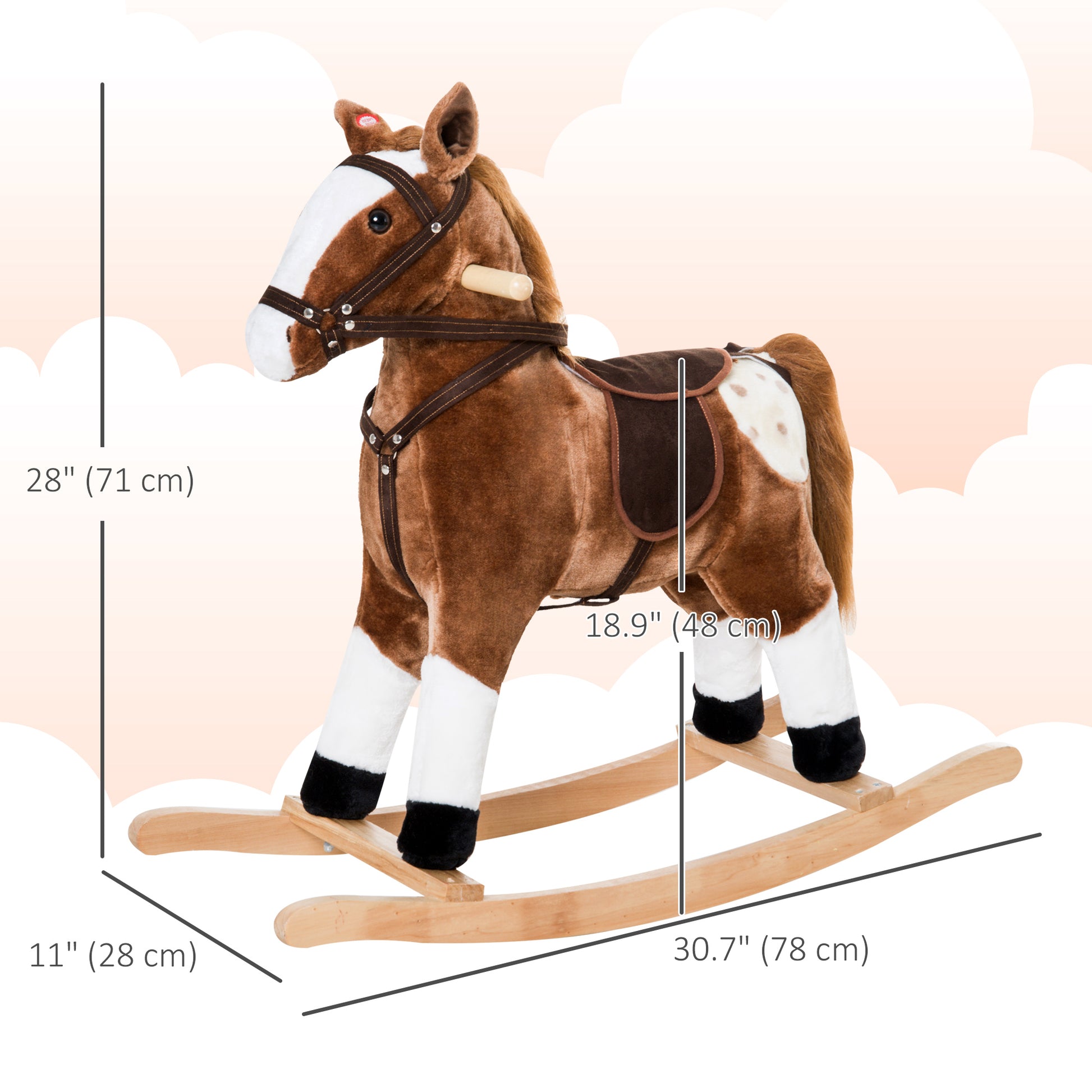 Qaba Baby Rocking Horse, Children Plush Animal Rocker, Kid Ride on Toy with Realistic Sound, Handle Grip, Brown