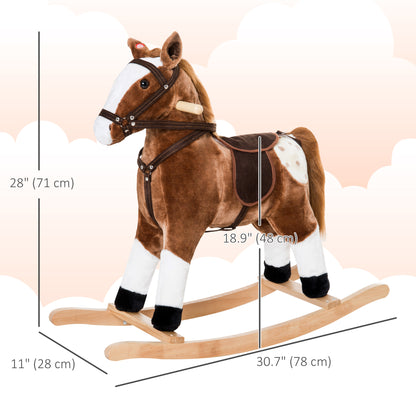 Qaba Baby Rocking Horse, Children Plush Animal Rocker, Kid Ride on Toy with Realistic Sound, Handle Grip, Brown