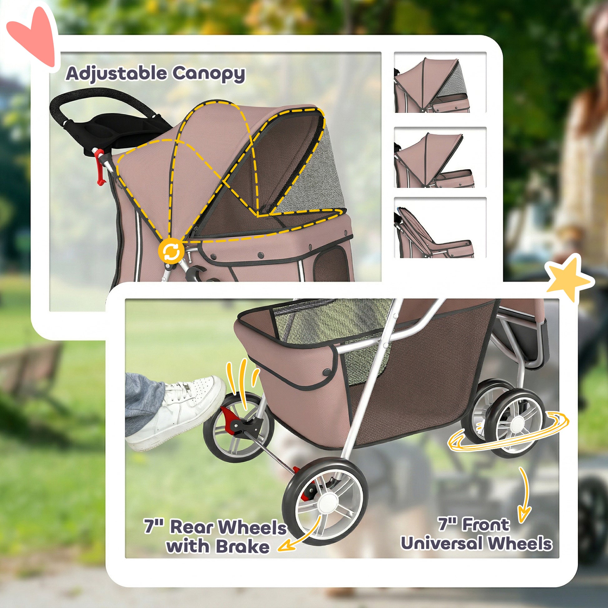 3 Wheels Foldable Dog Stroller with Storage Basket, Adjustable Canopy, Cupholder for Miniature and Small Dogs, Coffee