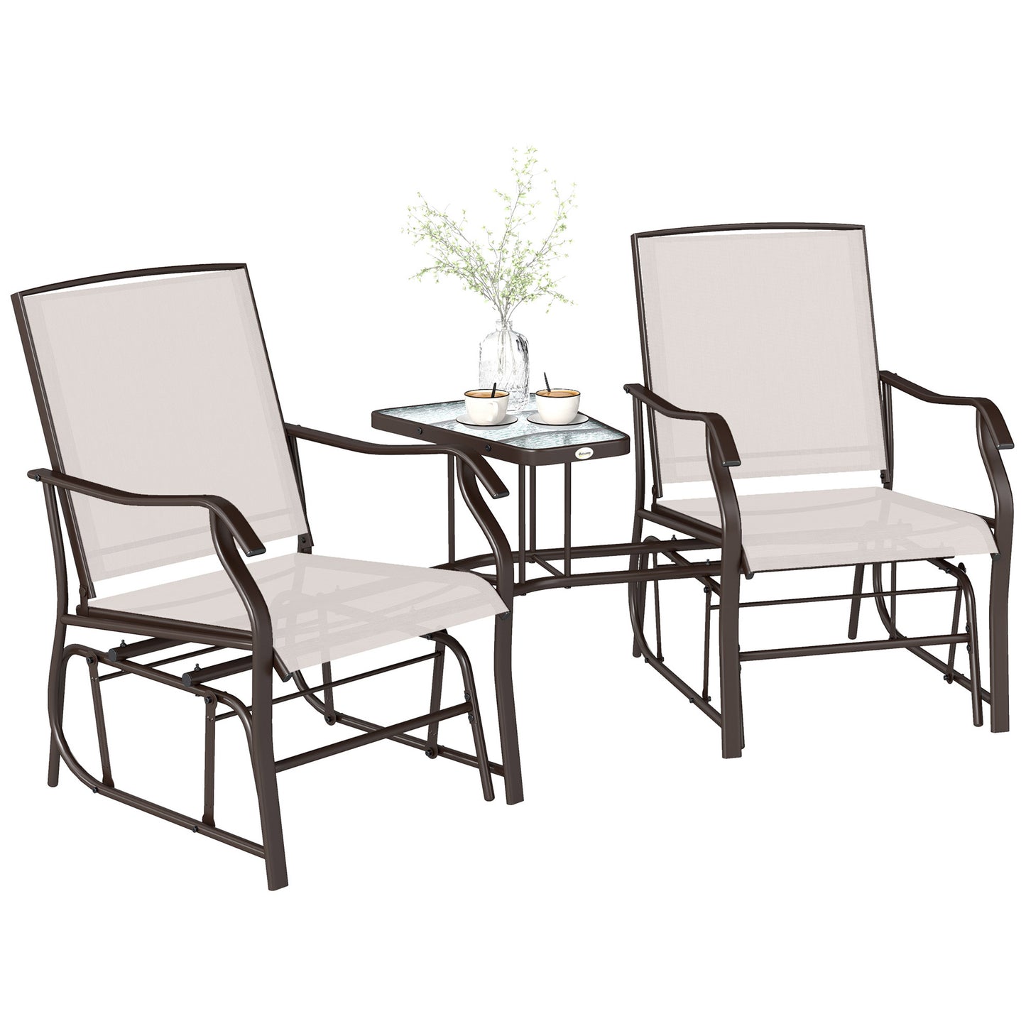 Double Patio Glider Chair with Glass Top Center Table, Outdoor Glider Loveseat with High Back, All Weather Breathable Mesh Fabric for Garden, Backyard, Deck, Beige