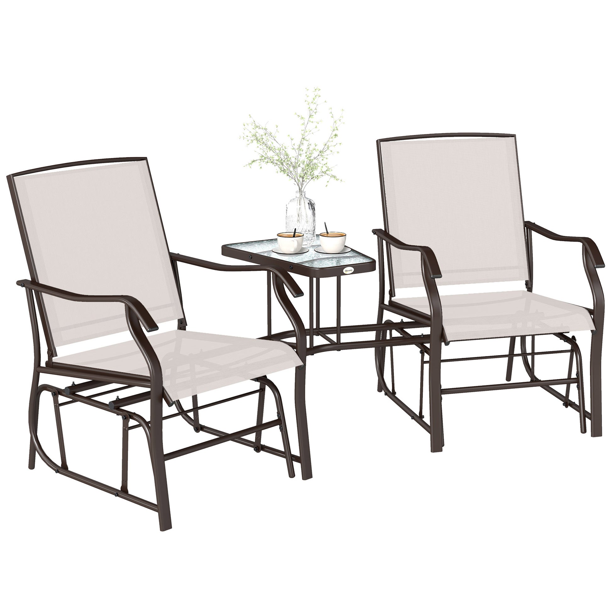 Double Patio Glider Chair with Glass Top Center Table, Outdoor Glider Loveseat with High Back, All Weather Breathable Mesh Fabric for Garden, Backyard, Deck, Beige