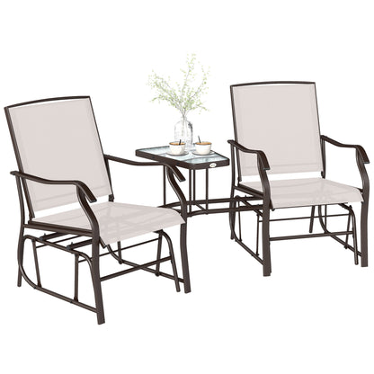 Double Patio Glider Chair with Glass Top Center Table, Outdoor Glider Loveseat with High Back, All Weather Breathable Mesh Fabric for Garden, Backyard, Deck, Beige