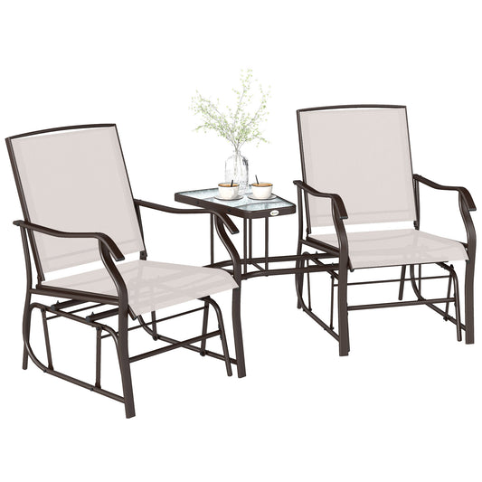 Double Patio Glider Chair with Glass Top Center Table, Outdoor Glider Loveseat with High Back, All Weather Breathable Mesh Fabric for Garden, Backyard, Deck, Beige