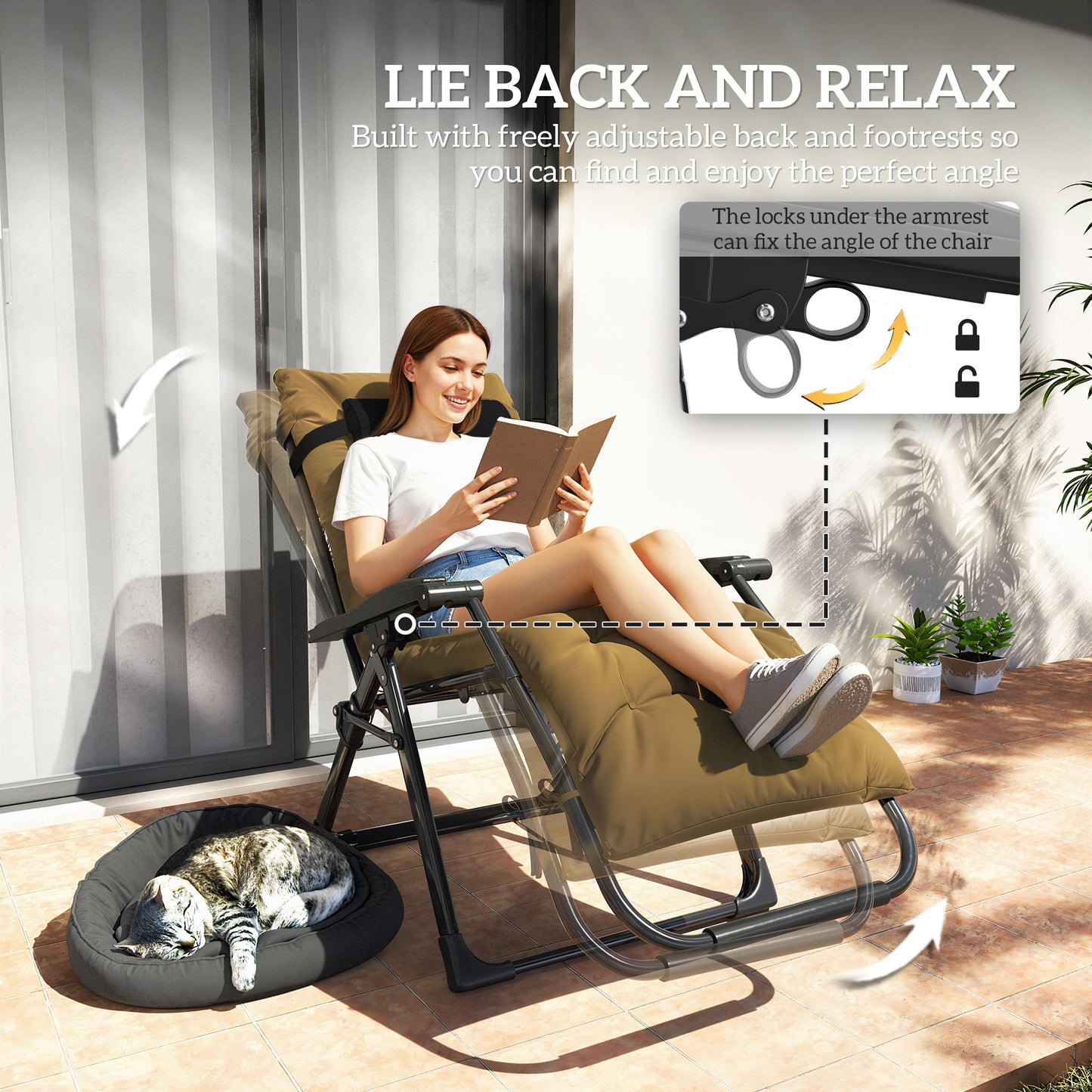 Folding Garden Chairs Set of 2, Reclining Zero Gravity Chair, Sun Lounger with Cushion and Headrest, Khaki
