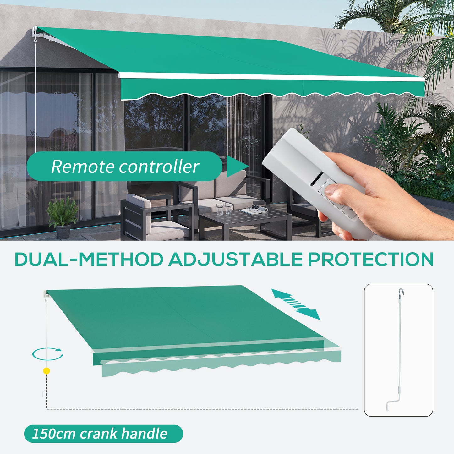 13' x 10' Electric Awning, Retractable Awning Sun Shade Shelter with Remote Controller, Manual Crank Handle and Aluminum Frame, for Deck, Balcony, Yard, Green