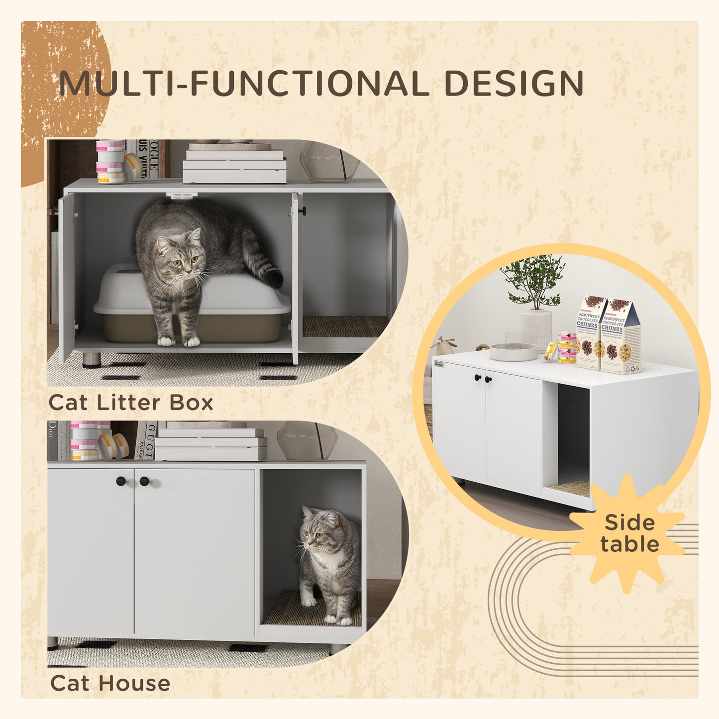 Litter Box Furniture Hidden Cat Washroom Furniture with Double Doors and Scratching Pad, White