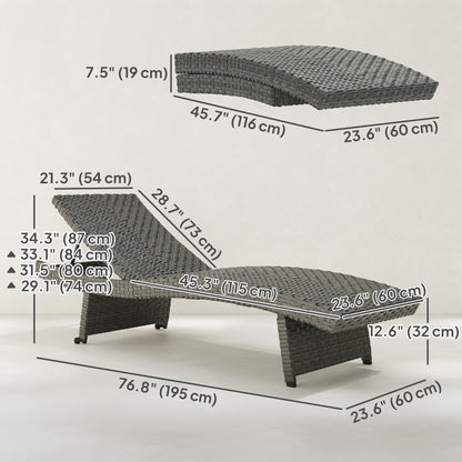 Patio Lounger, Folding Wicker Outdoor Chaise Lounge with 4-Level Adjustable Backrest, Grey