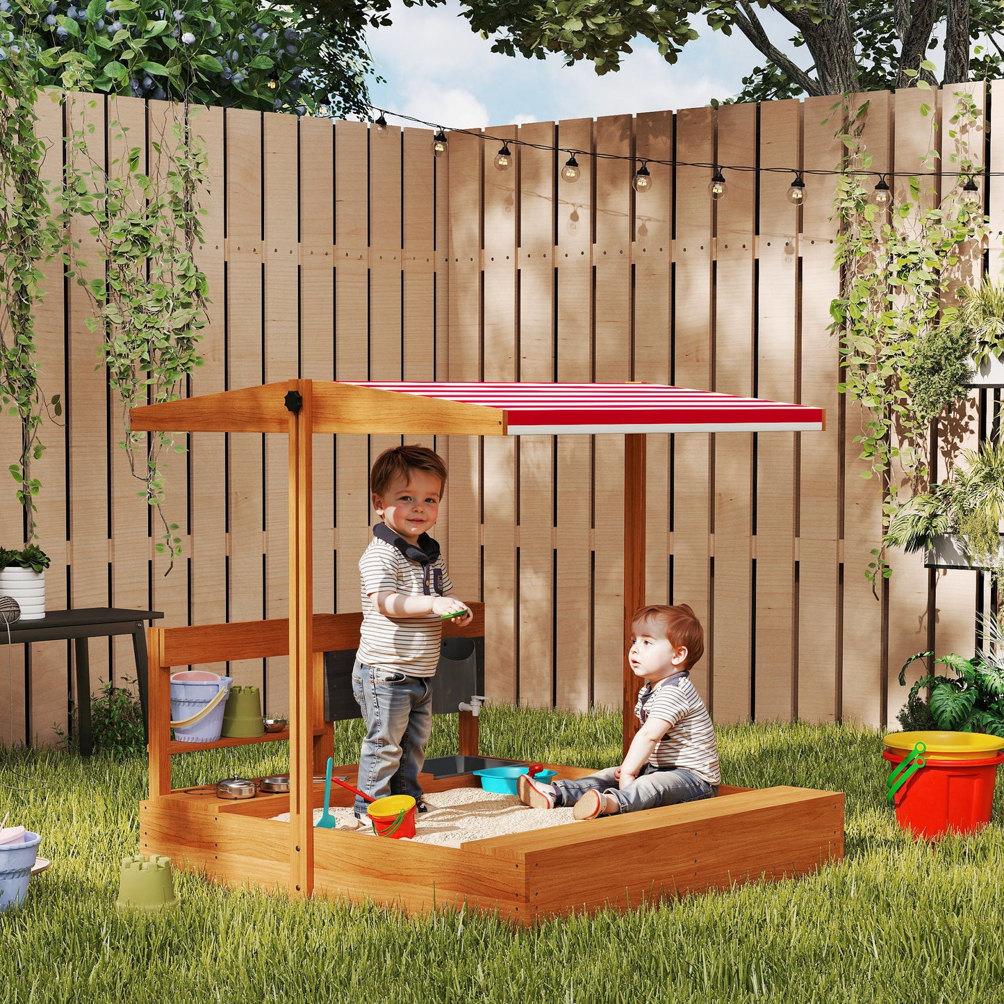 Kids Sandbox with Cover Kitchen Playset Toys, Wooden Sand Box with Seat, Storage, for 3-7 Years Old, Red