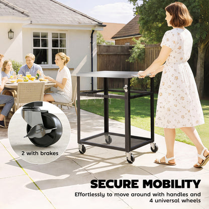 Outdoor Grill Cart with Stainless Steel Tabletop, 2-Tier Kitchen Prep Station with Hooks, Lockable Wheels, Black