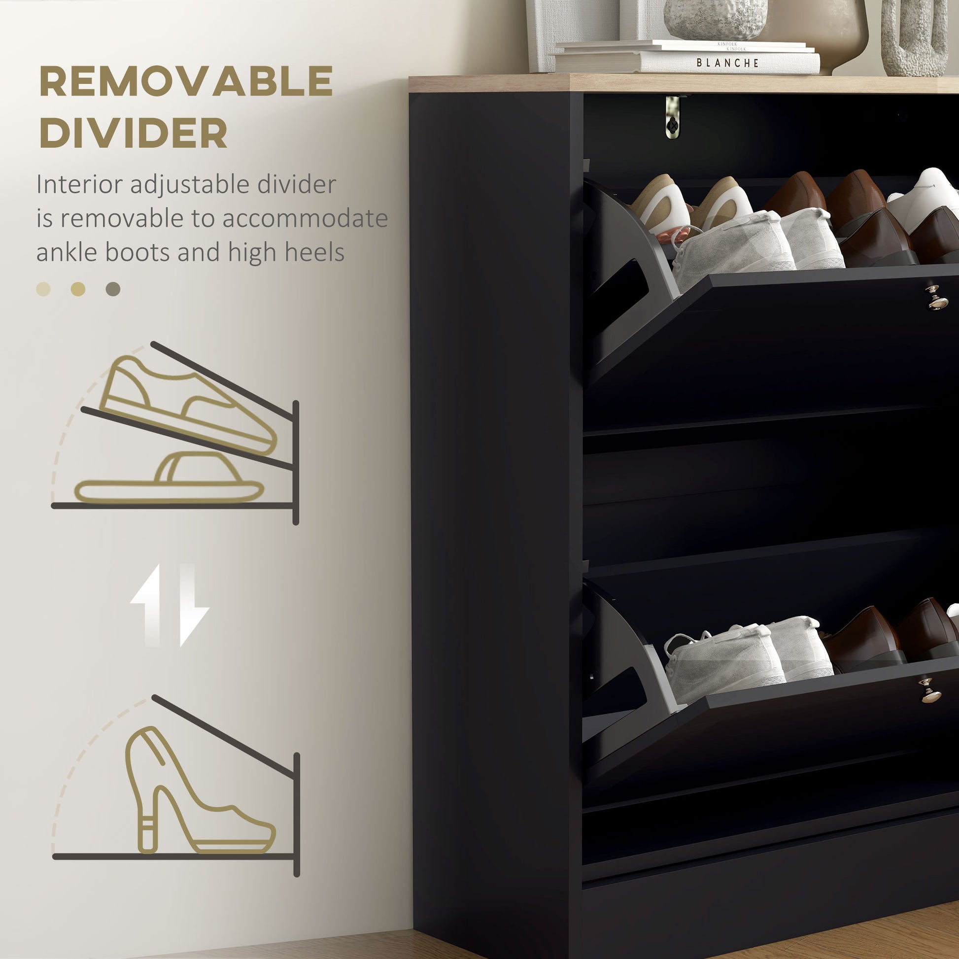 Slim Shoe Storage Cabinet, Modern Shoe Cabinet with 2 Flip Drawers and Adjustable Shelves for 8-12 Pairs, Black
