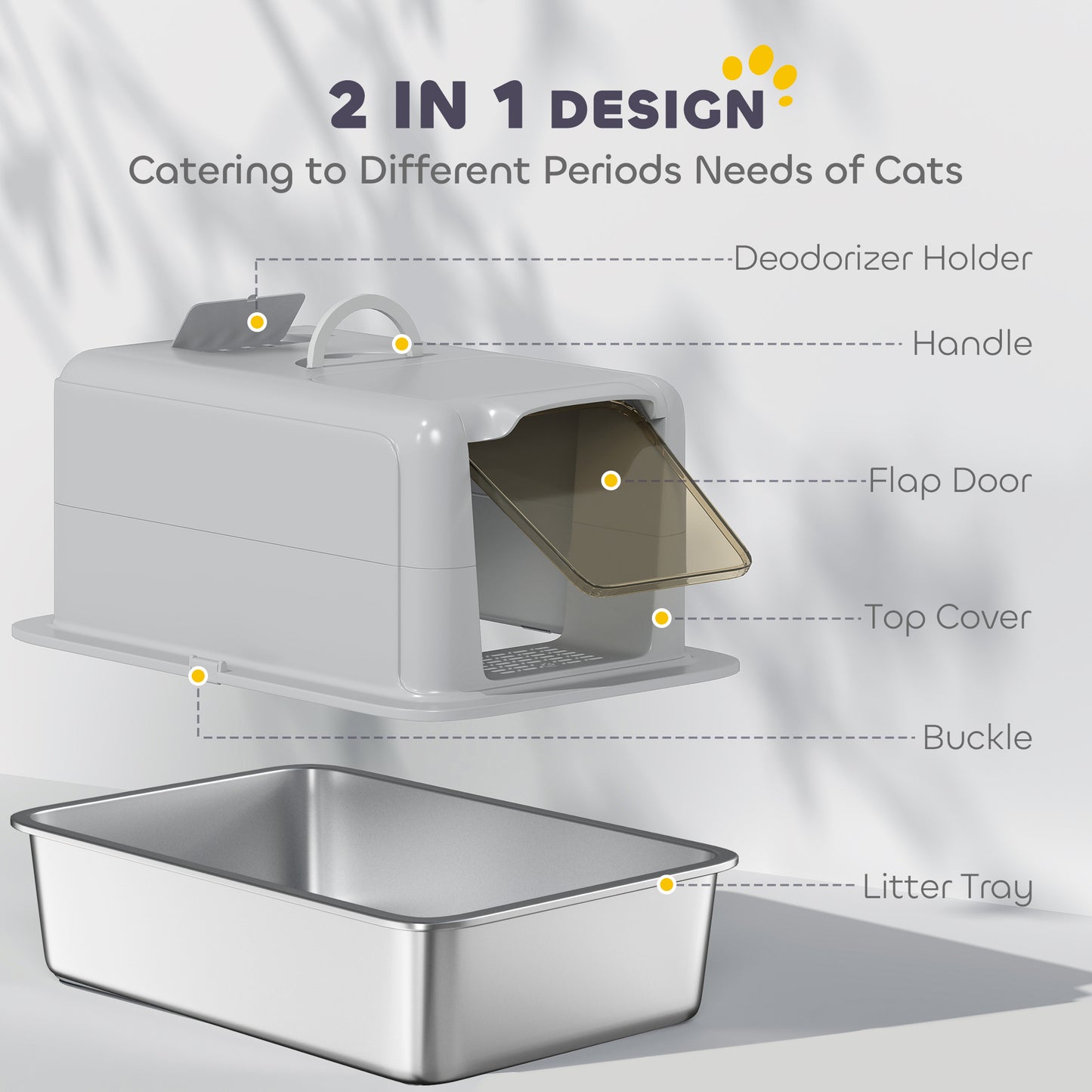 Stainless Steel Cat Litter Box w/ Removable Lid & Scoop, for Small to Large Cats, Easy to Clean, Grey