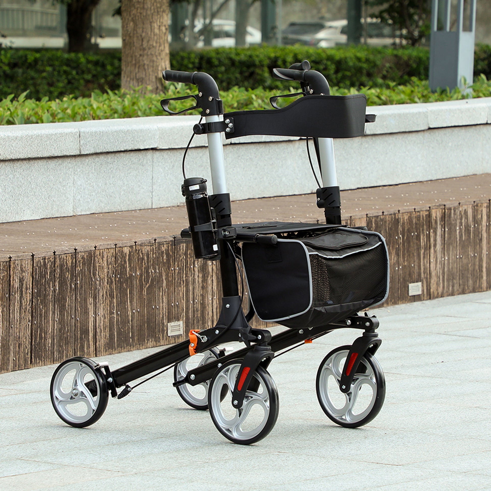 Lightweight Folding Rolling Walker with Large Seat, Back, Adjustable Handle, Bag, Dual Brake, Cane Holder, Black