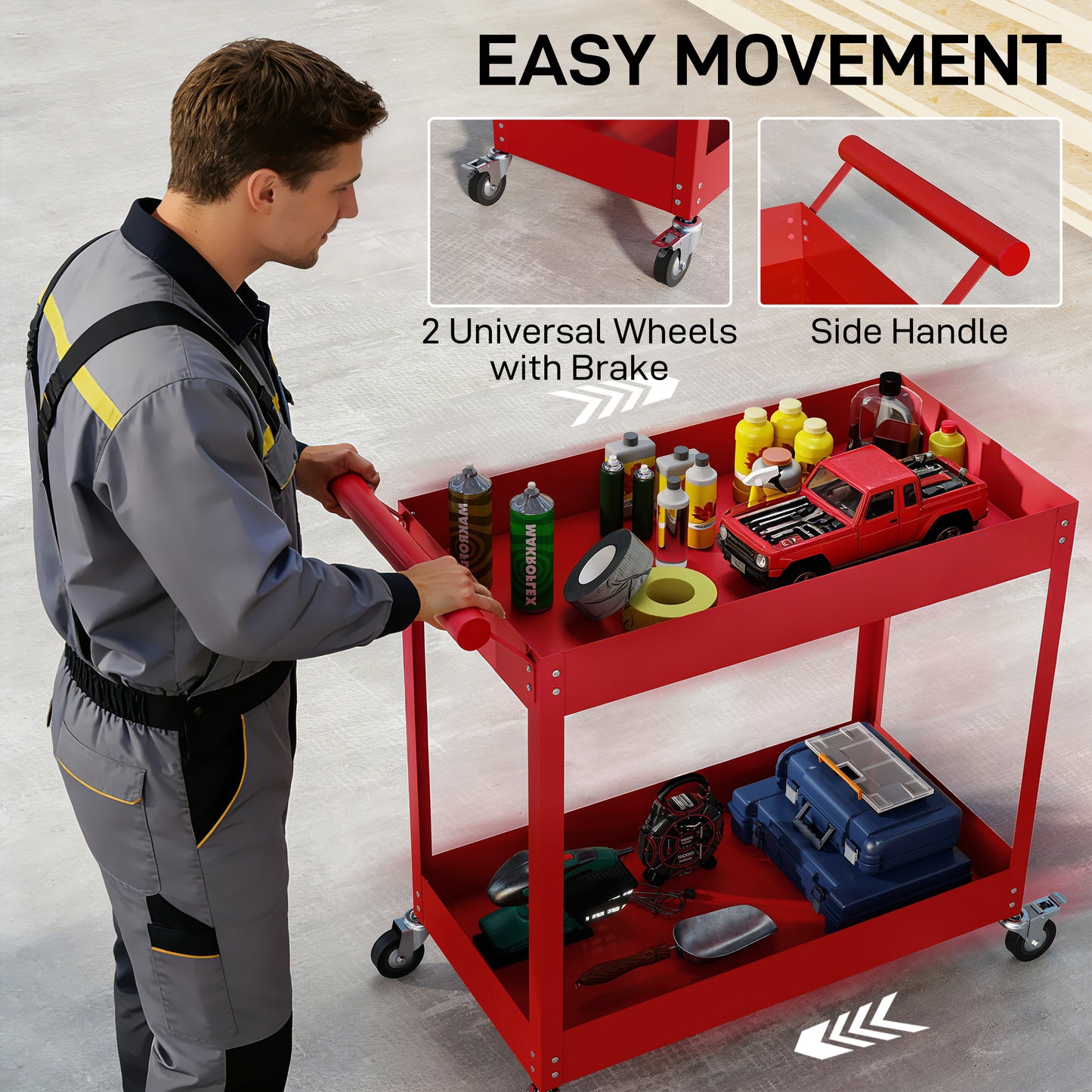 Rolling Tool Cart, 2 Tier Mobile Service Utility Cart with Wheels, Red