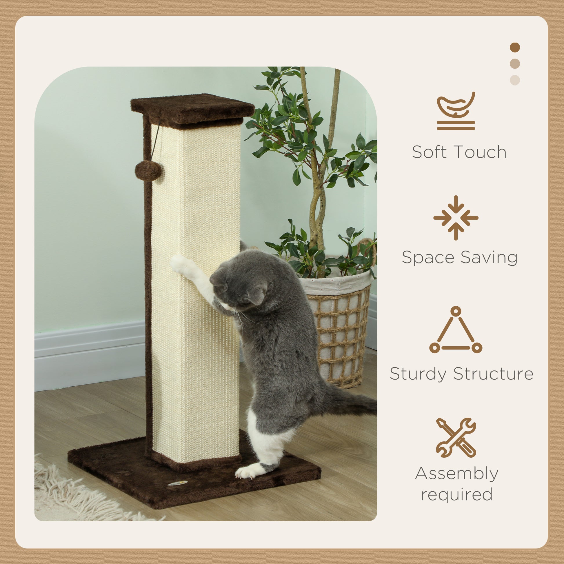 32" Tall Cat Scratching Post for Indoor Cats and Kittens, Sisal Cat Scratcher with Hanging Ball Soft Plush, Brown