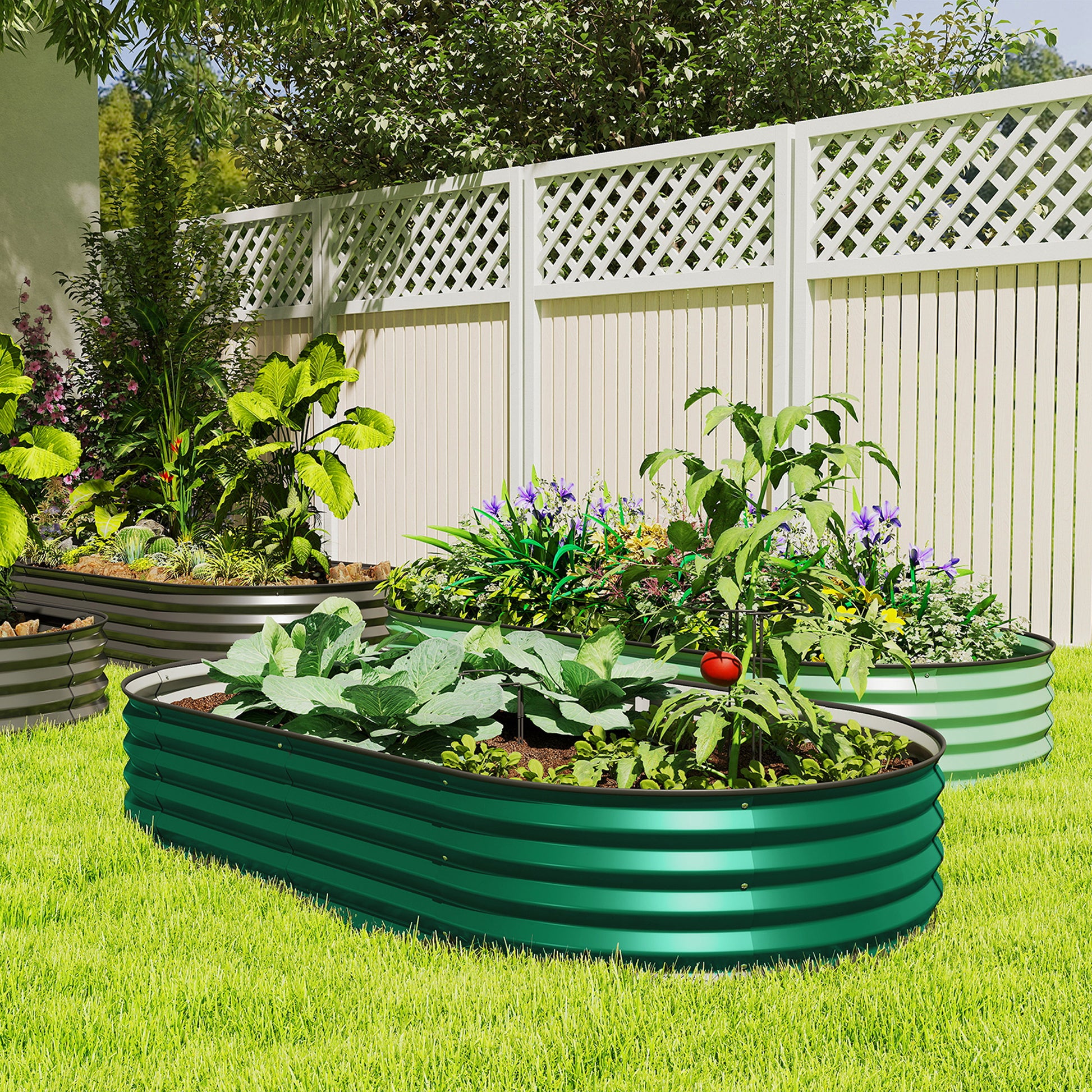6' x 3' x 1' Large Outdoor Planter Box, Galvanized Raised Garden Bed with Metal Plant Stake, Green