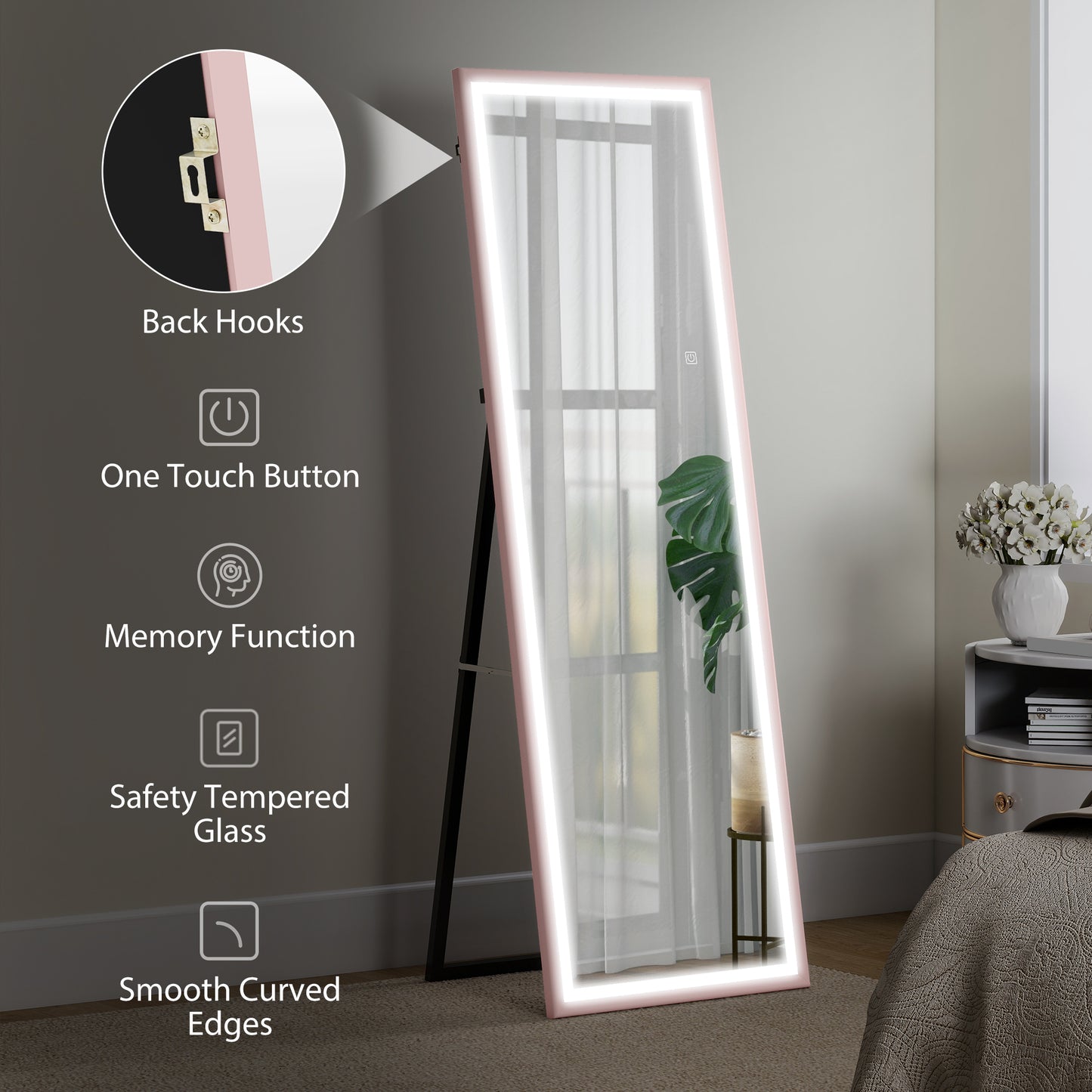 LED Mirror with Dimmable and 3 Colour Lights, 64" x 21" Rectangular Full Body Mirror for Bedroom Living Room, Pink