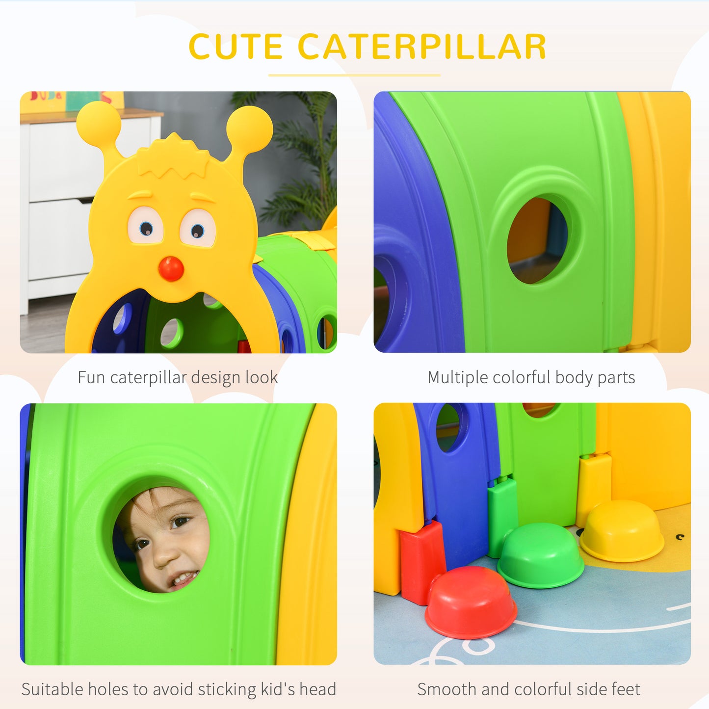 Qaba Caterpillar Design Tunnel for Kids to Crawl Through, for 3-6 Years, Multicoloured