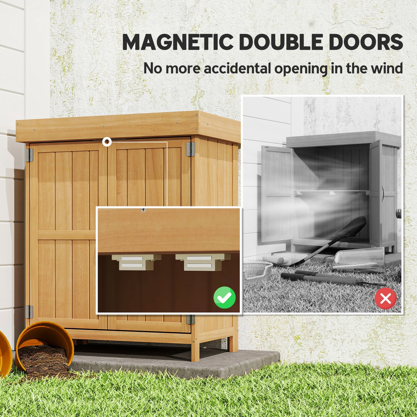 Wooden Garden Tool Storage Shed Kit with Hinged Roof, 2-Tier Shelves and Double Doors, 74x43x88cm, Natural Wood