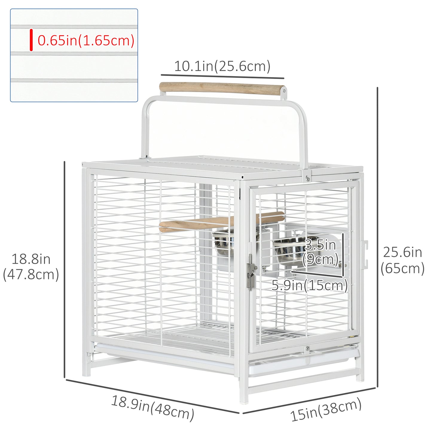 Bird Travel Carrier Cage, Portable Metal Bird Cage for Parrots Conures Cockatiel Parakeets with Stand Perch, Stainless Steel Bowls, Pull Out Tray, 19" x 15" x 26", White
