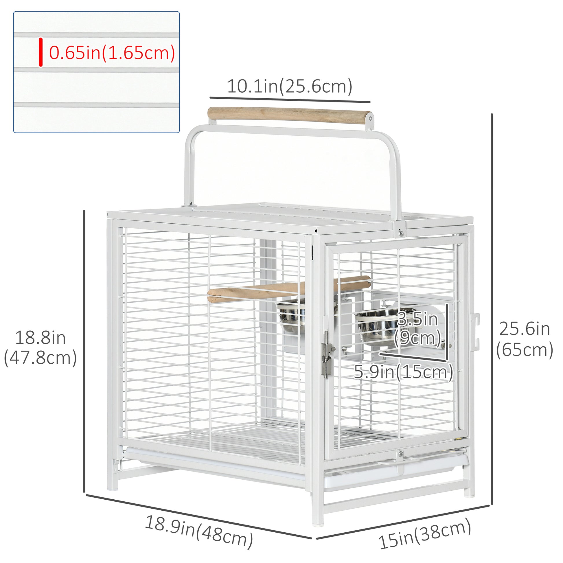 Bird Travel Carrier Cage, Portable Metal Bird Cage for Parrots Conures Cockatiel Parakeets with Stand Perch, Stainless Steel Bowls, Pull Out Tray, 19" x 15" x 26", White