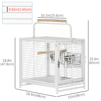 Bird Travel Carrier Cage, Portable Metal Bird Cage for Parrots Conures Cockatiel Parakeets with Stand Perch, Stainless Steel Bowls, Pull Out Tray, 19" x 15" x 26", White