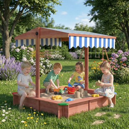 Wooden Sandbox with Cover, Kids Sandbox Outdoor with Adjustable Canopy and Seats for Backyard, Beach, Dark Brown