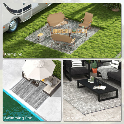 Reversible Outdoor Rug Waterproof Plastic Straw RV Rug with Carry Bag, 8' x 10', Grey and Cream White Boho