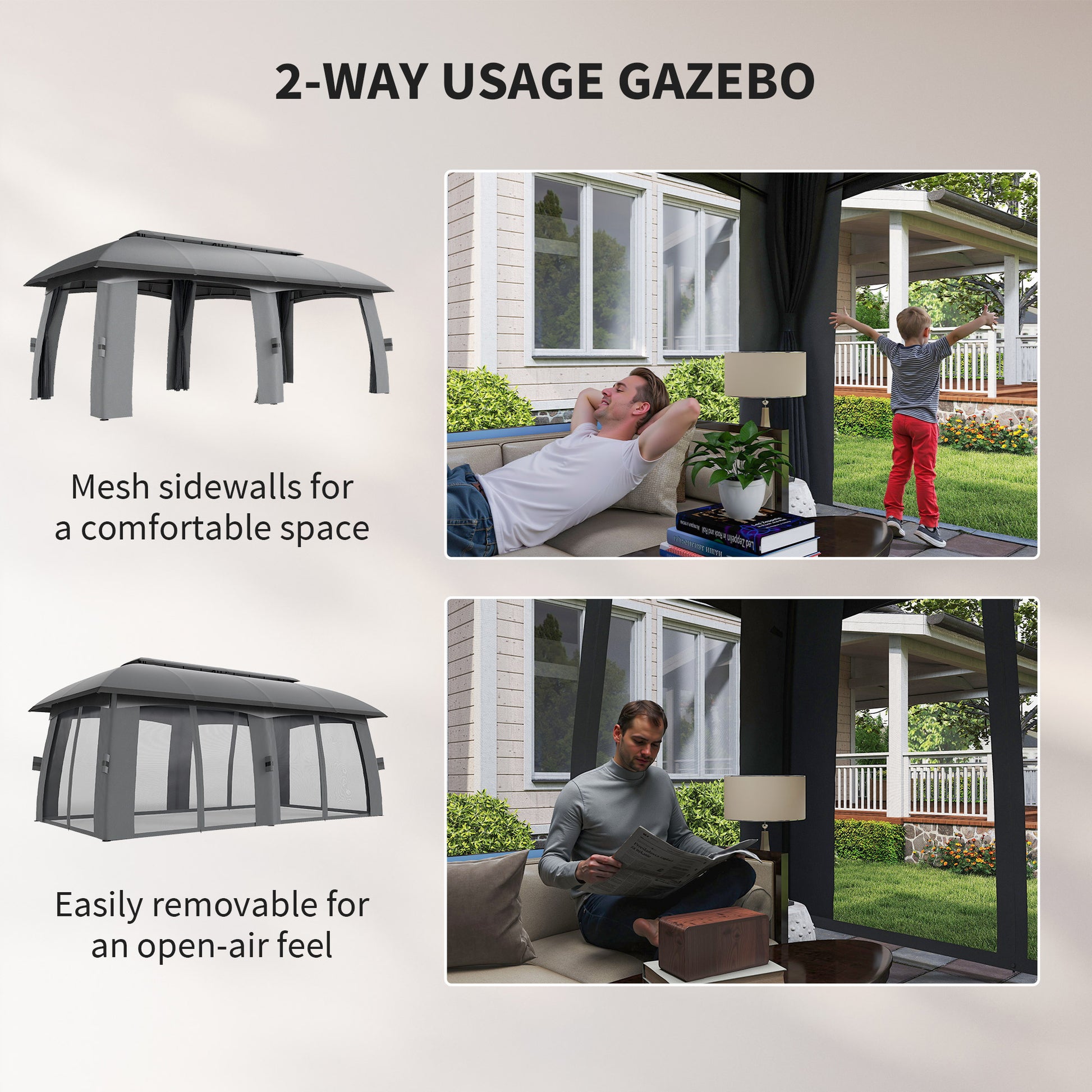 10' x 20' Patio Gazebo, Outdoor Gazebo Canopy Shelter with Netting, Vented Roof for Garden Dark Grey