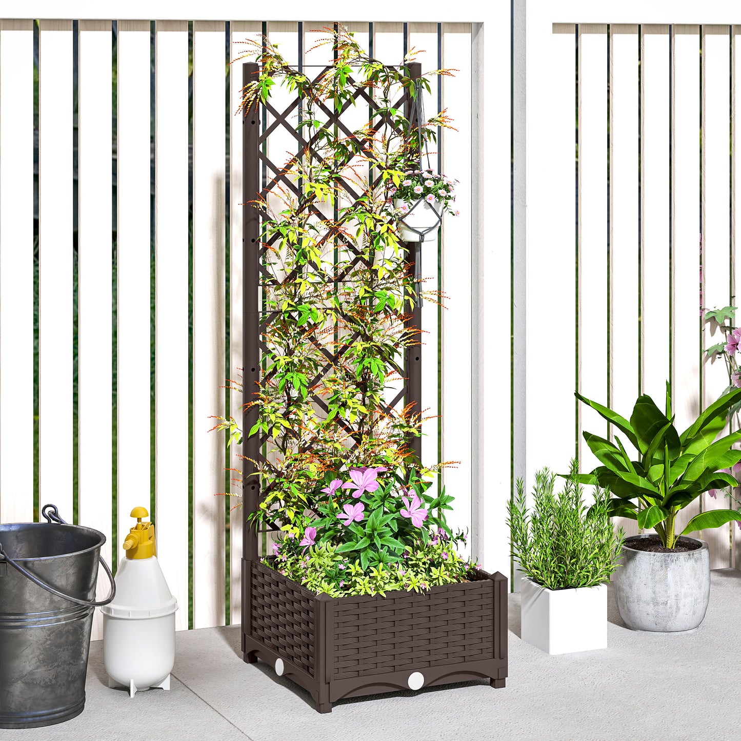 Raised Garden Bed with Trellis, Plastic Raised Flower Bed with Drainage Holes and Drain Plugs, 16" x 16" x 48"