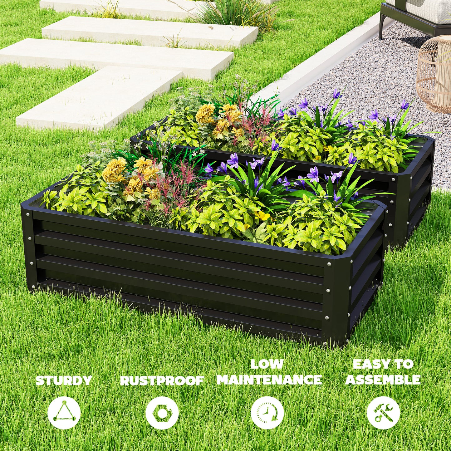 Galvanized Raised Garden Beds, Outdoor Planter Box, Set of 2, for Flowers, Herbs and Vegetables, Black