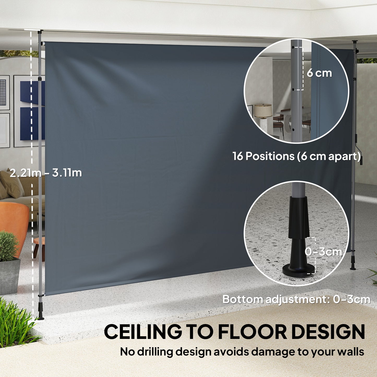 13' x 10' Manual Retractable Patio Awning, Outdoor Privacy Screen with UPF30+ & Water-Resistant Fabric, Dark Grey