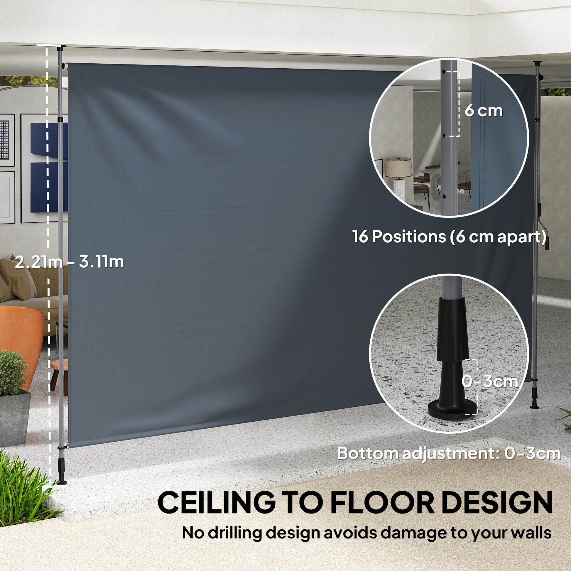 13' x 10' Manual Retractable Patio Awning, Outdoor Privacy Screen with UPF30+ & Water-Resistant Fabric, Dark Grey