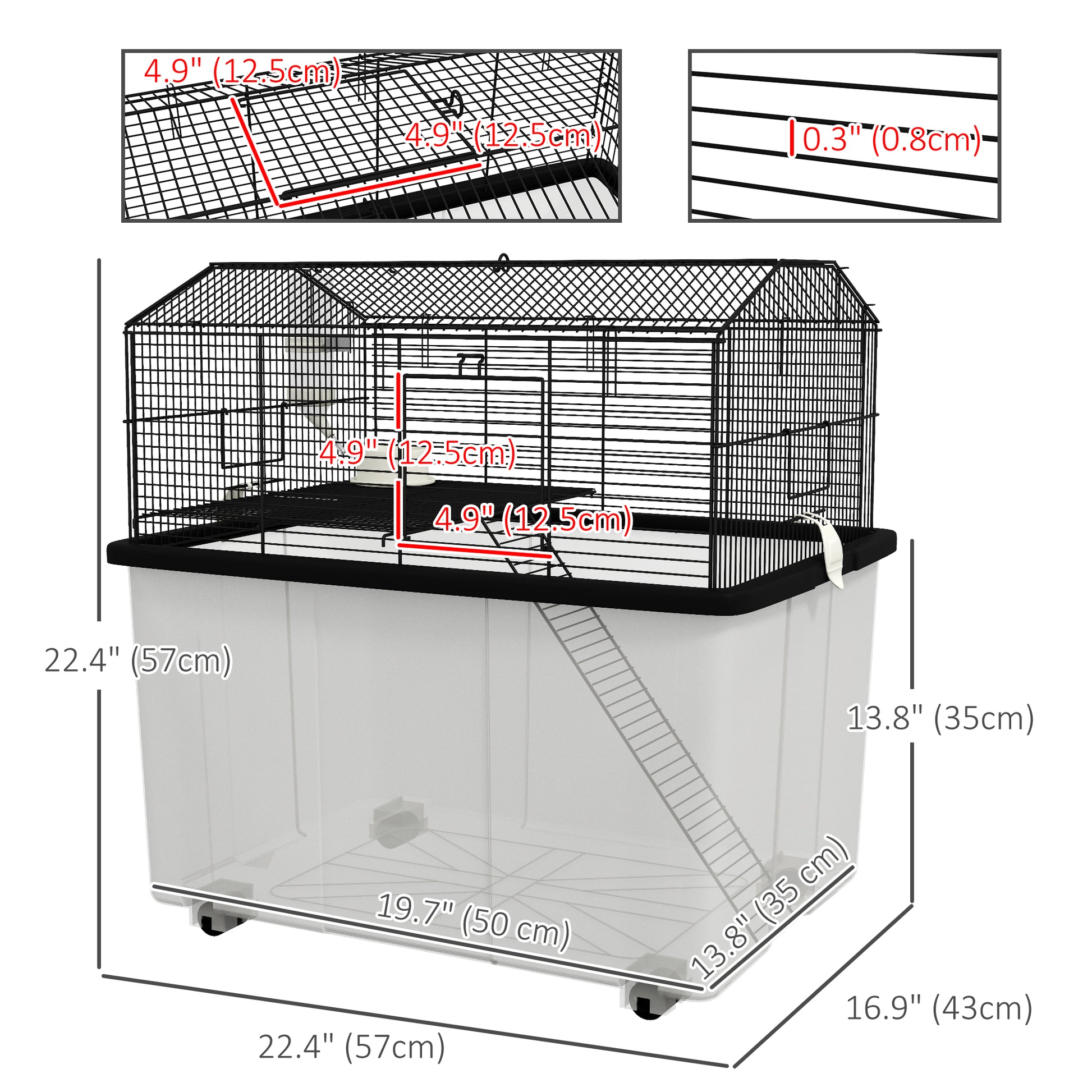 Hamster House Gerbil Habitat for Dwarf Hamster with Wheels, Detachable Bottom - Black