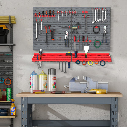 54 Piece Plastic Pegboard Panels, Peg Board with Accessories, Shelf Tool Organizer, Wall Mounted DIY Garage Storage with 50 Hooks, Red