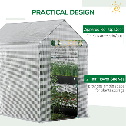 73" x 47" x 75" Walk-in Greenhouse Outdoor Portable Plant Flower Growth Warm House Garden Tunnel Shed with Roll-up Door and 4 Shelves, White