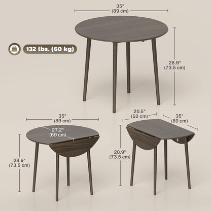 Folding Dining Table, Round Drop Leaf Kitchen Table for Small Spaces with Wood Legs, Distressed Grey