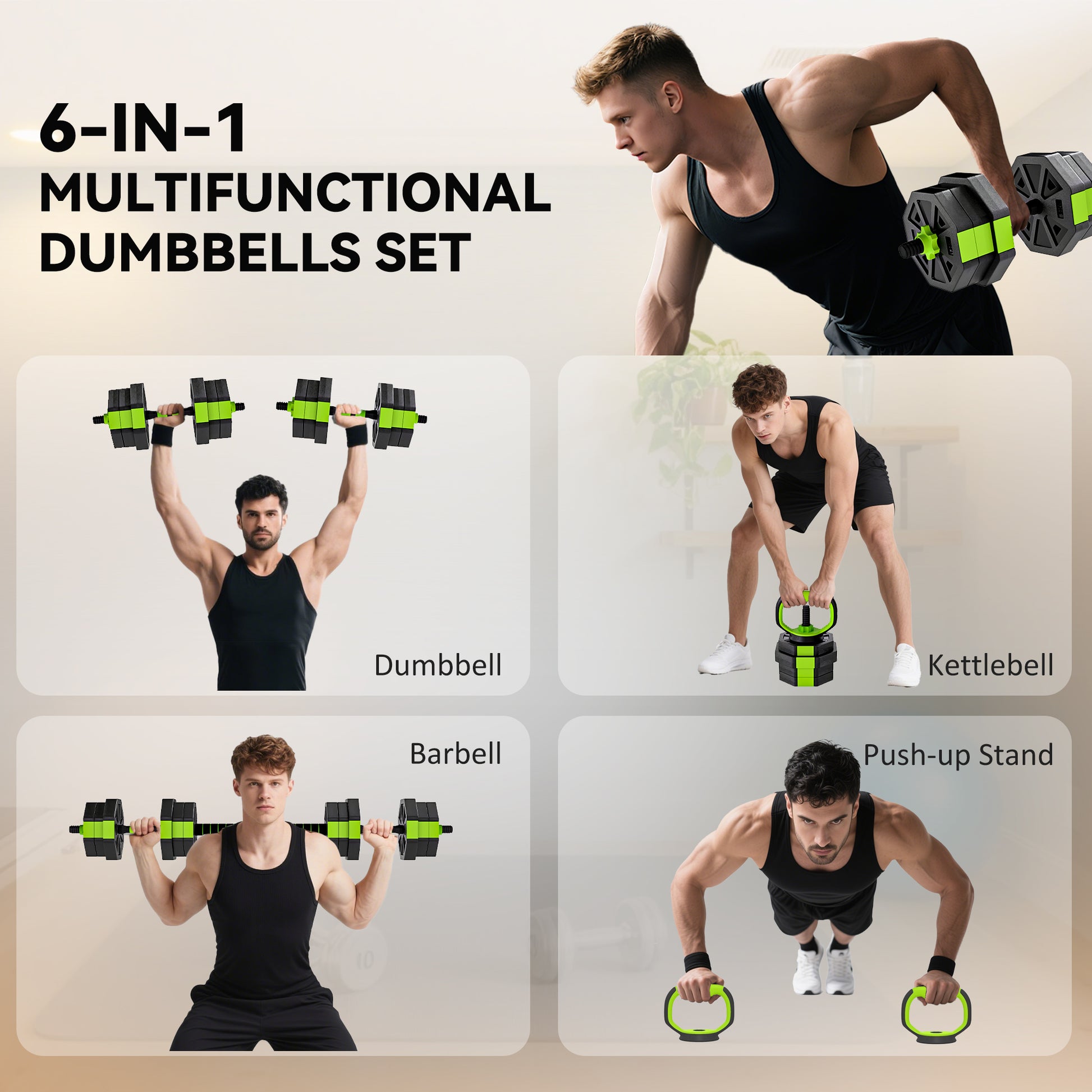 Soozier 6-in-1 Adjustable Dumbbell Set, Used as Kettlebell, Barbell, Dumbbell, Push-Up Stand, 44lbs Free Weights Set, Green