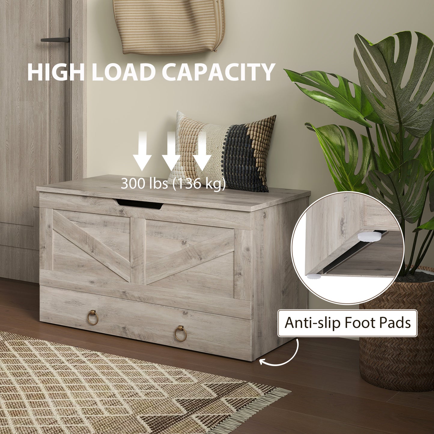 31.5 Inches Storage Chest, Storage Trunk with 2 Safety Hinges for Living Room, Grey Wood Grain